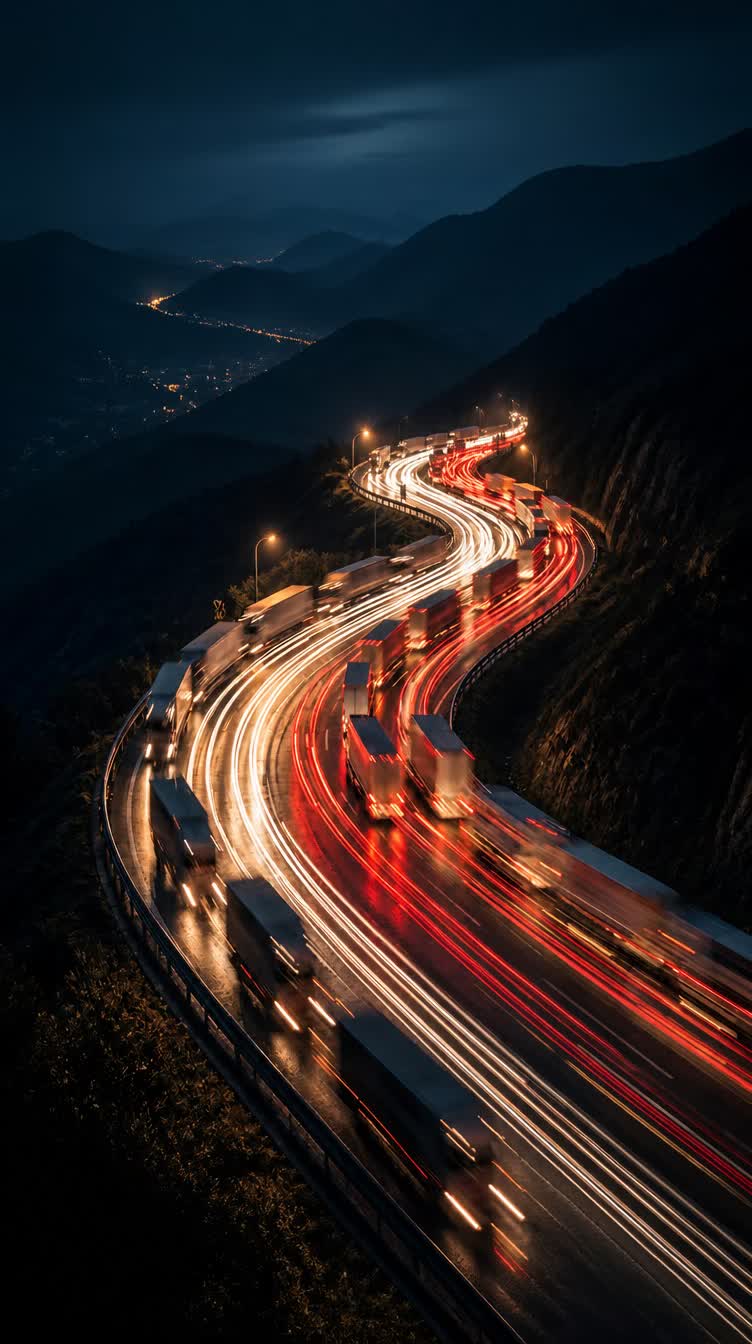 Comboio de caminhões em rodovia à noite